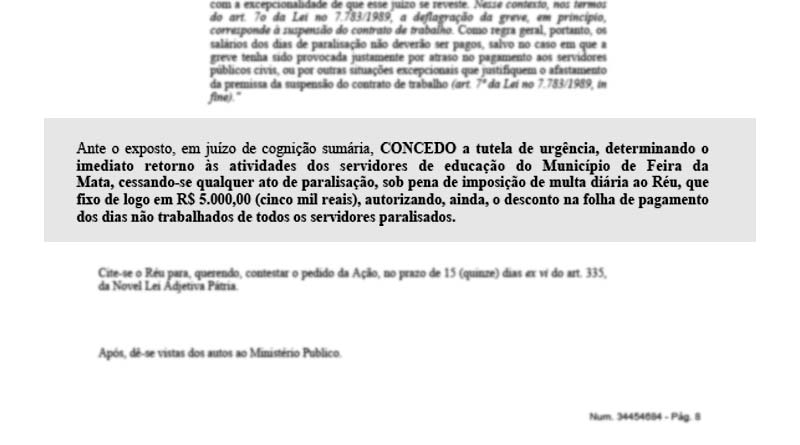 Tribunal de Justiça da Bahia concede liminar ao Município de Feira da Mata e determina o imediato retorno dos professores paredistas à sala de aula, o desconto em folha dos dias não trabalhados e multa diária de 5 mil reais